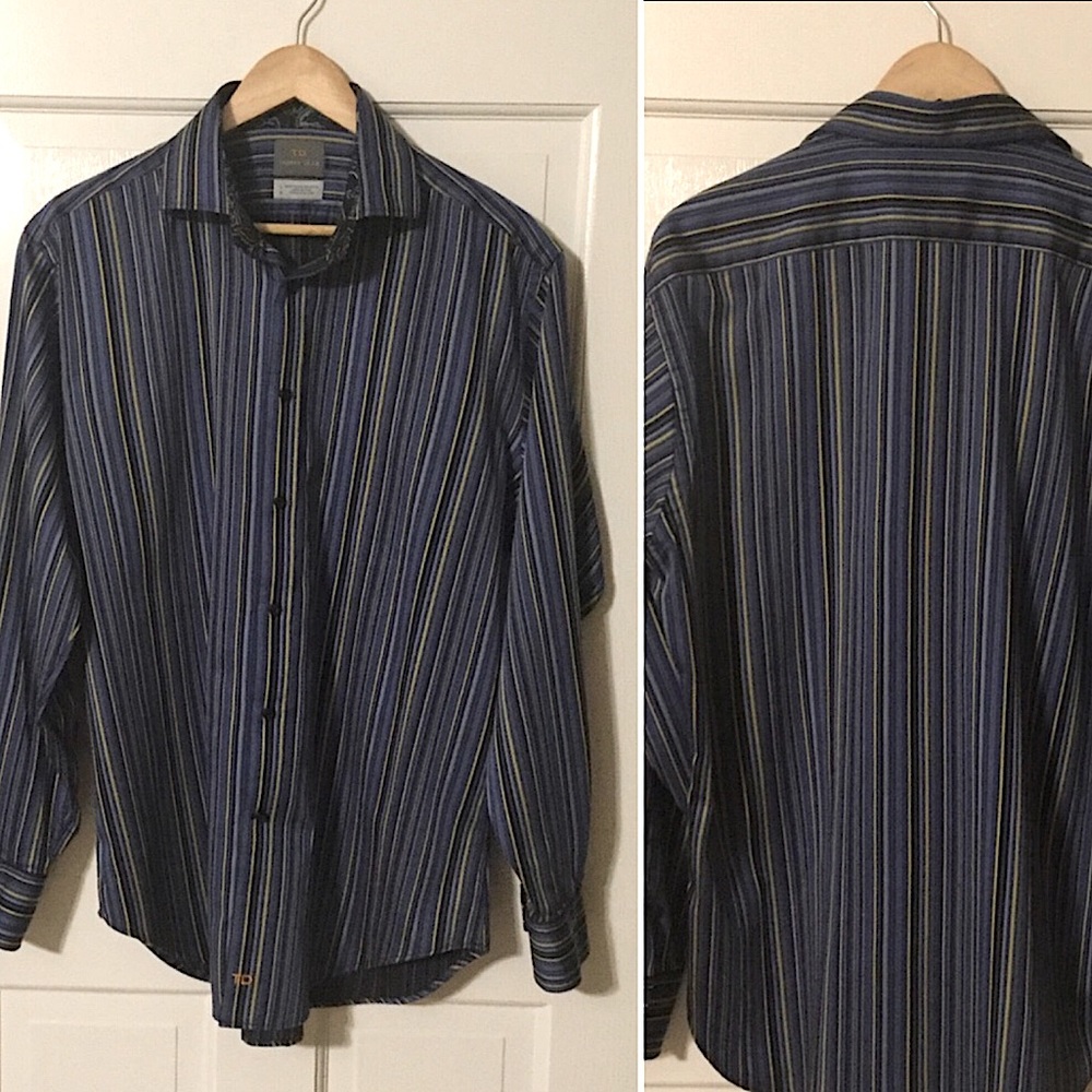 THOMAS DEAN sz Large Shirt Long Sleeve Button Up Striped Contrast Blue Yellow